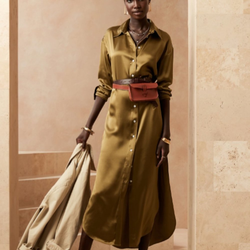 100% Silk Shirtdress - midi length, green/gold color, size SMALL